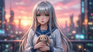 Isla fra Plastic Memories står i en futuristisk by ved solnedgang og holder sin kanin.