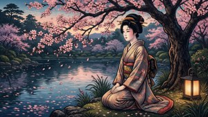 Kotondo-inspirierte Schönheit an einem Teich unter Kirschblüten in der Dämmerung.