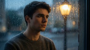 Un portrait mélancolique de Sidney Mackenzie Litten près d'une fenêtre striée de pluie au crépuscule.