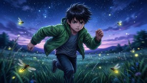 Anime-dreng i grøn jakke løber gennem en mark i skumringen med ildfluer.
