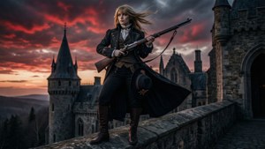 Rip Van Winkle på en borgmur under en blodrød himmel.