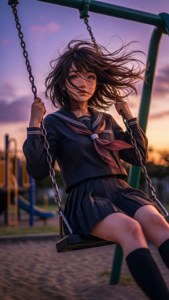 Sumire Kanou schaukelt unter dem Abendhimmel.