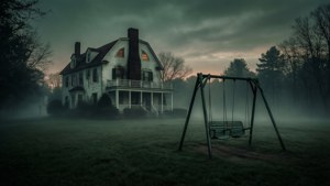Melancholisch zicht in de schemering van het Amityville Horror-huis met mistig veld en krakende schommelset