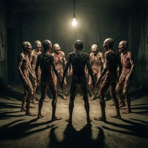 Een persoon omringd door skeletachtige horrorfiguren onder een enkele hangende lamp.