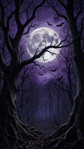 Ein dunkles Wald-Halloween-Hintergrundbild mit Vollmond, verdrehten Ästen und Fledermäusen an einem lila Himmel.
