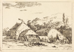 Two Barns by Louis Gabriel Moreau, in etching. Download this artwork as a high-resolution wallpaper for desktop, tablet, or mobile. — Louis Gabriel Moreau Wallpaper