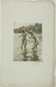 Two Bathers by Anders Zorn, created 1910, in Etching on off-white laid paper. Download this artwork as a high-resolution wallpaper for desktop, tablet, or mobil — Illustration Wallpaper