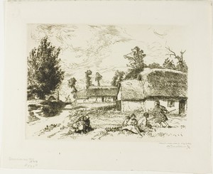 Two Cottages by Louis Auguste Lepère, created 1910, in Etching on cream laid paper. Download this artwork as a high-resolution wallpaper for desktop, tablet, or — Illustration Wallpaper