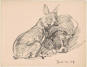 Two Dogs by Charles H. Woodbury, created 1919, in black lithographic crayon on wove paper. Download this artwork as a high-resolution wallpaper for desktop, tab — Charles H. Woodbury Wallpaper