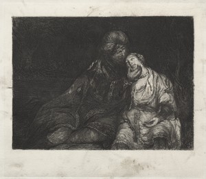Two Figures by Rembrandt van Rijn, created 1800s, in etching. Download this artwork as a high-resolution wallpaper for desktop, tablet, or mobile. — Art Wallpaper