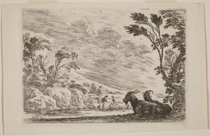 Two Goats Lying Down by Stefano della Bella, created 1642, in etching. Download this artwork as a high-resolution wallpaper for desktop, tablet, or mobile. — Stefano della Bella Wallpaper