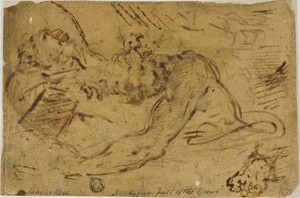 Two Grappling Figures by Salvator Rosa, created n.d., in Brush and brown ink, with traces of black chalk, on tan laid paper, laid down on ivory laid paper. Down — Illustration Background