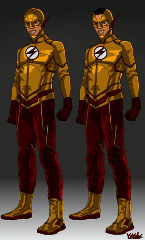 Two Flash superheroes in gold and red suits standing side by side.