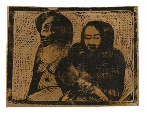 Two Maoris by Paul Gauguin, created 1896/97, in Wood-block print printed twice in ocher and black ink, with red-brown watercolor on brown laid Japanese paper. D