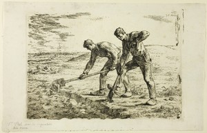 Two Men Digging by Jean François Millet, created 1855–56, in Etching on ivory laid paper. Download this artwork as a high-resolution wallpaper for desktop, tabl — Illustration Wallpaper