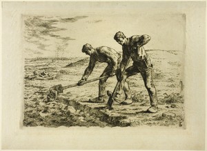 Two Men Digging by Jean François Millet, created 1855–56, in Etching on ivory wove China paper hinged to cream card. Download this artwork as a high-resolution — Illustration Wallpaper