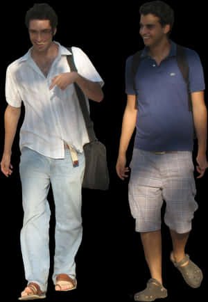 Two smiling men walking side by side in casual summer clothes. — People Walking PNG