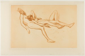 Two Nude Models by Théophile-Alexandre Pierre Steinlen, created 1902, in Soft ground etching in sanguine (red-brown) from a zinc plate on ivory wove paper with — Art Background