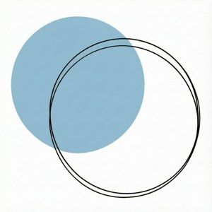 Een minimalistisch geometrisch ontwerp van twee overlappende cirkels in blauw en zwart.