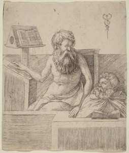 Two Philosophers by Jacopo de' Barbari, created c. 1509, in engraving. Download this artwork as a high-resolution wallpaper for desktop, tablet, or mobile. — Jacopo de' Barbari Wallpaper