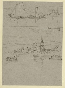 Two River Scenes by William Alfred Delamotte, created n.d., in Black chalk, highlighted with white chalk, on gray wove paper, tipped onto cream wove paper. Down — William Alfred Delamotte Wallpaper