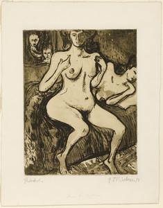 Two Sisters by Ernst Ludwig Kirchner, created 1908, in Etching, from a zinc plate, in olive-green on white wove paper. Download this artwork as a high-resolutio — Illustration Wallpaper