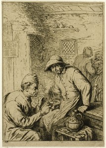 Two Smokers by Charles Emile Jacque, created c. 1845, in Etching on buff chine, tipped onto ivory wove card. Download this artwork as a high-resolution wallpape — Charles Emile Jacque Wallpaper