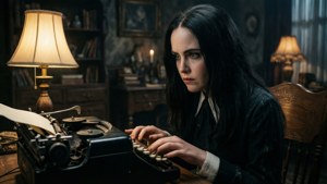 Vintage gotische achtergrond van Wednesday Addams die typt