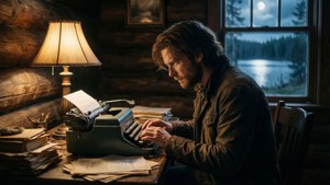 Fond d'écran introspectif d'Alan Wake tapant dans une cabane avec vue sur le lac la nuit