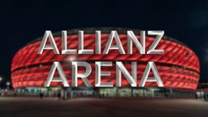 Uno sfondo tipografico con testo Allianz Arena in grassetto su uno sfondo notturno rosso sfocato.