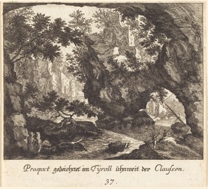 Tyrolean Landscape by Melchior Küsel (I), created 1681, in etching. Download this artwork as a high-resolution wallpaper for desktop, tablet, or mobile. — Melchior Küsel (I) Wallpaper