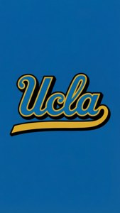 Rent minimalistisk UCLA-logo i blått og gull på en solid bakgrunn.