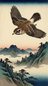 En japansk ukiyo-e-inspirert bakgrunn av en sanglerke over fjell.