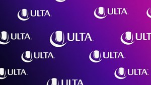 Fond dégradé avec des logos Ulta dispersés en violet et blanc, style graphique moderne.