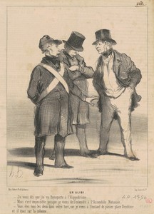Un alibi by Honoré Daumier, created 1848, in lithograph. Download this artwork as a high-resolution wallpaper for desktop, tablet, or mobile. — Honoré Daumier Wallpaper