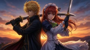 Shirou og Rin ryg mod ryg ved solnedgang, heroisk silhuet anime wallpaper.