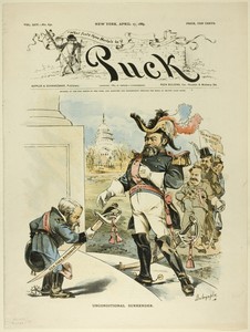 Unconditional Surrender, from Puck by Louis Dalrymple, created published April 17, 1889, in Color lithograph on newsprint. Download this artwork as a high-resol — Louis Dalrymple Wallpaper