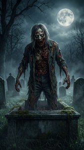 Zombie émergeant d'une tombe dans un cimetière éclairé par la lune avec des arbres dénudés.