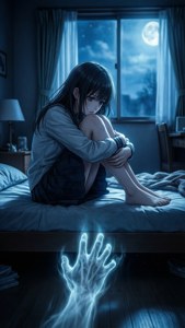 Miko dans sa chambre la nuit, une main fantomatique émerge de sous le lit, créant une atmosphère tendue.