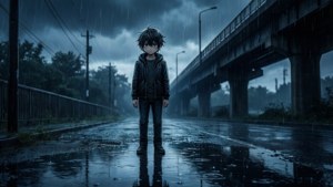 A sad anime boy under a bridge in the rain. — Sad Anime Wallpaper