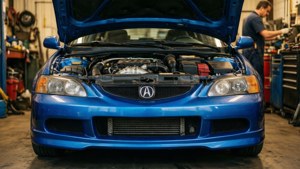 Acura RSX Type-S com capô aberto revelando o motor em uma garagem.