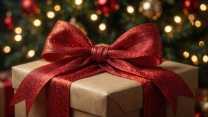 Een cadeau met rode strik onder een gloeiende boom.