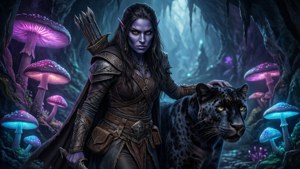 Purple-skinned elf warrior with black leopard companion in glowing mushroom cave. — D&D Wallpaper