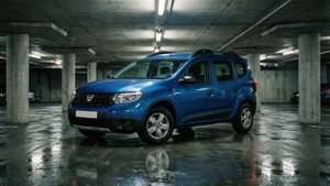Dacia Dokker em uma garagem de estacionamento com concreto minimalista e reflexos.