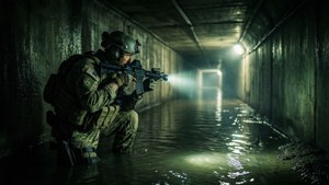 En Forward Observation Group-operatør i en mørk tunnel med taktisk lommelykt.