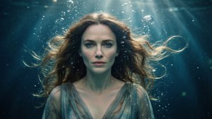 Emily Blunt zweeft gracieus onder water met zonnestralen.
