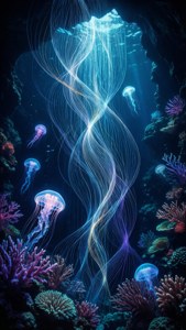 Lignes lumineuses verticales dans une grotte sous-marine avec des méduses, signification profonde de mystère et de profondeur