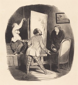 Une Position difficile by Honoré Daumier, created 1847, in lithograph. Download this artwork as a high-resolution wallpaper for desktop, tablet, or mobile. — Honoré Daumier Wallpaper