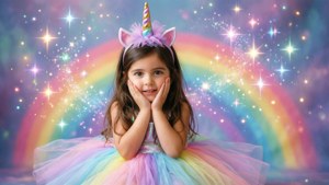Une fille en tenue de licorne avec des arcs-en-ciel et des paillettes.