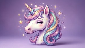Magisk kawaii enhjørning med pastellman og stjerner på lilla gradient.